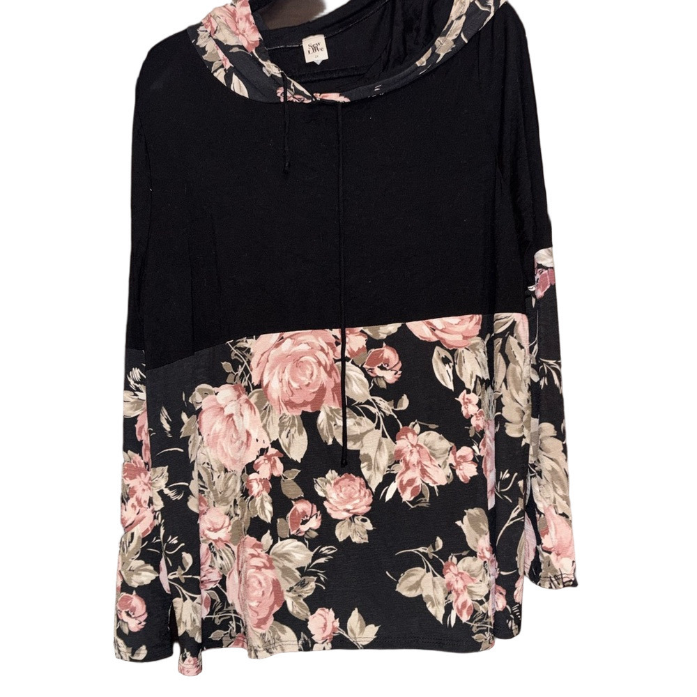 Sew In Love Black and Pastels Floral Mixed Media Hoodie